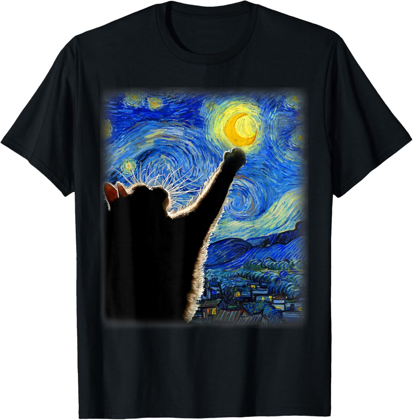 Van Gogh Starry Night Cat T Shirt Classic Fit, Cat Lover\/Mom\/Dad Gift, Black Crew Neck