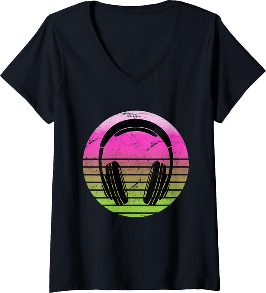 Womens Vintage Headphones Music Rap Musician Rapper Hip Hop V-Neck