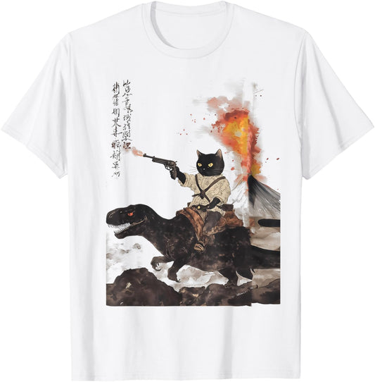 retro calligraphy cat dinosaur volcanic eruption art print