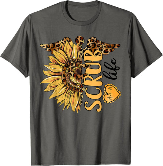 Living The Scrub Life Nurse Sunflower Leopard Nursing Womens