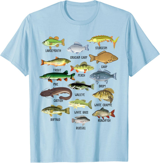Fishing Shirt Types Freshwater Fish Bass Dad Funny Graphic