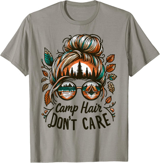 Camp Hair Don't Care Messy Bun Funny Camping Camper Women