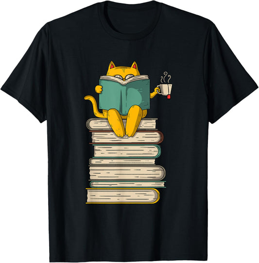 Reading Cat   Funny Book & Tea Lover Gift Short Sleeve