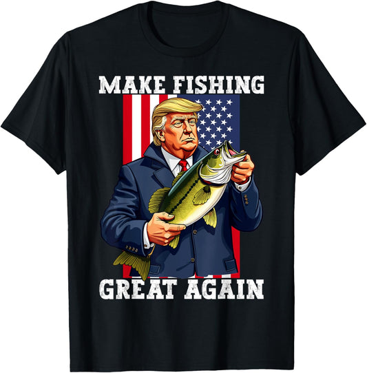 Patriotic Fisherman 'Make Fishing Great Again' Funny Bass Fishing Humor Trump T Shirt   Black, Unisex Adults, Short Sleeve, Classic Fit, Cotton Blend, Small