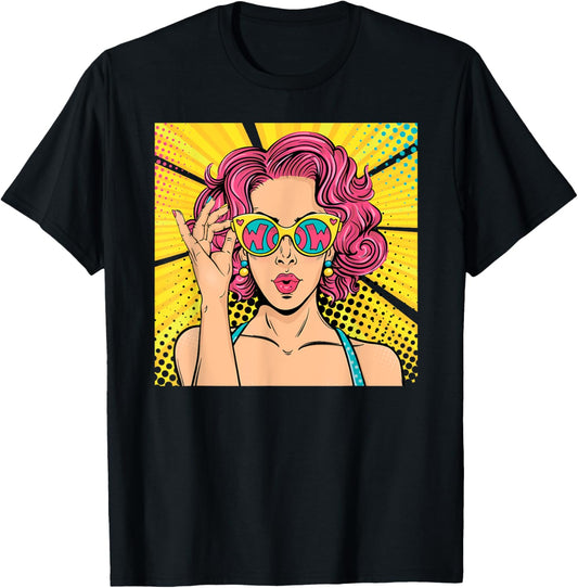 Wow Pop Art Girl Face Shirt Surprised Woman With Pink Hair