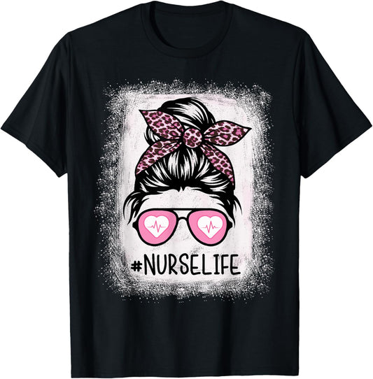 Nurse Life Bleached Shirts Pink Leopard Messy Bun Nurse Life