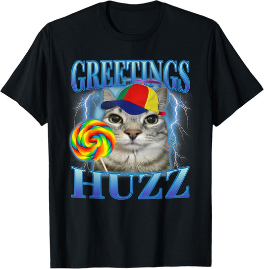 Lollipop Cat Meme Greetings Huzz Funny Silly Cats Brainrot T Shirt for Men Women Kids