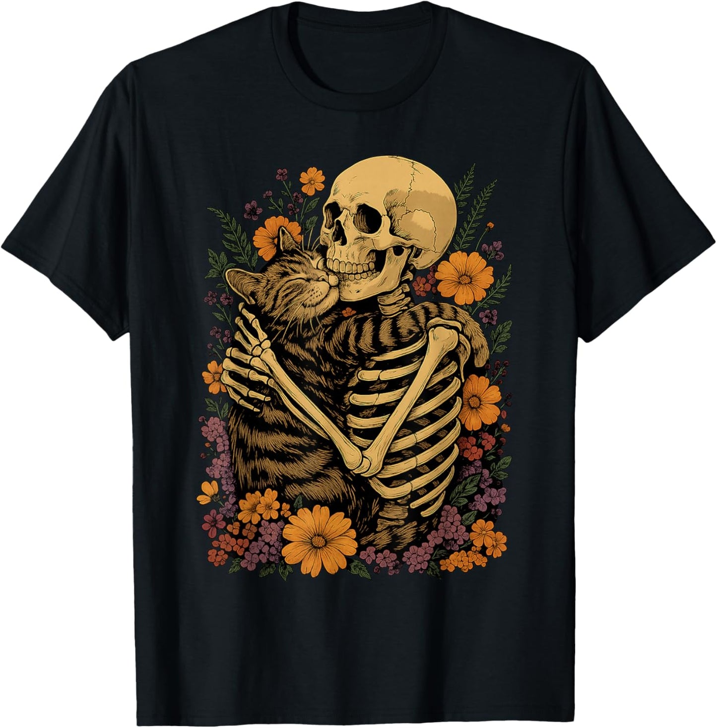 Skeleton Hugging Cat Floral Halloween Cats Lover
