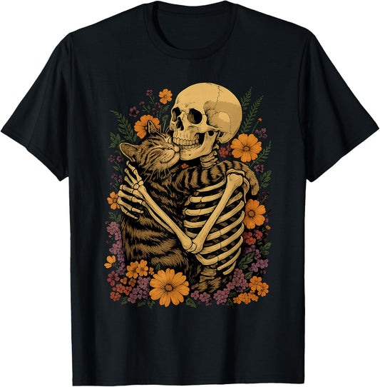 Skeleton Hugging Cat Floral Halloween Cats Lover