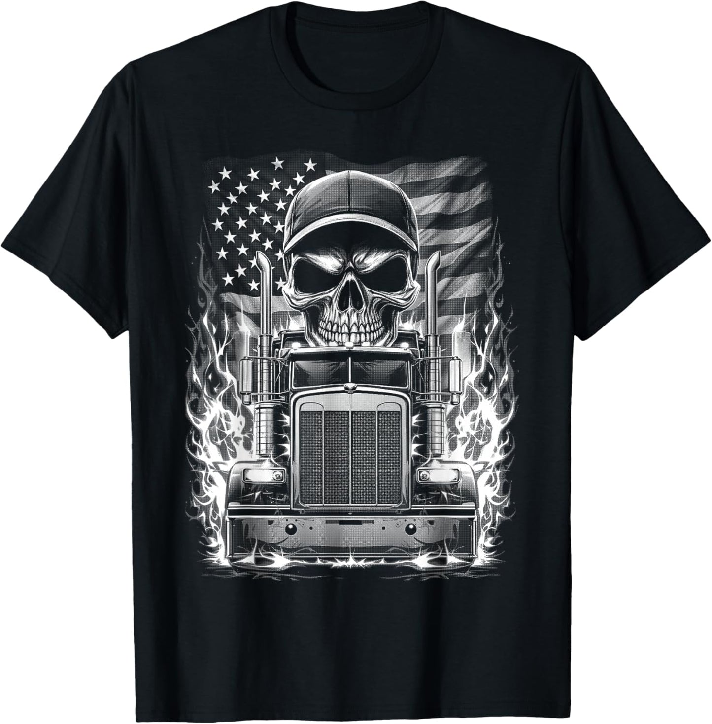 Trucker Patriotic American Flag Semi Truck Driver Skull