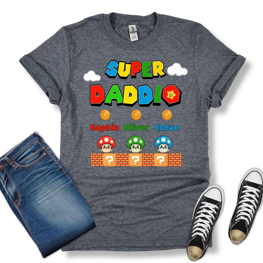 Custom Super Daddio Shirt with Personalized Kids Name, Super Dad Shirt, Gift for Dad, Funny Father&#39;s Day Shirt, Super Mommio, Super Kiddio