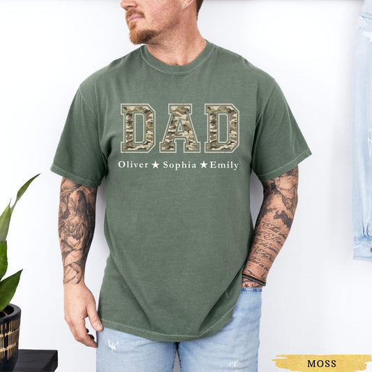 Custom Dad Shirt with Kids Names, Comfort Colors® Camo Dad T Shirt, Personalized Dad Shirt, Camouflage Hunter Dad, First Fathers Day Gift