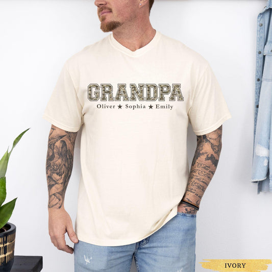 Personalized Grandpa Shirt with Grandkids Names, Comfort Colors® Camo Grandpa T Shirt, New Grandpa Gift, Grandpa Birthday, Fathers Day Gift