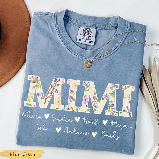 Comfort Colors® Personalized Mimi Shirt with Grandkids Names, Grandma Shirt, Nana Shirt, Floral Mimi Shirt, Gift for Gigi, Grandmother Gift