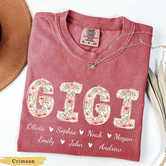 Personalized Gigi Shirt with Grandkids Names, Comfort Colors Floral Gigi Shirt, Nana Shirt, Mimi Shirt, Gift for Gigi, Custom Grandma Shirt