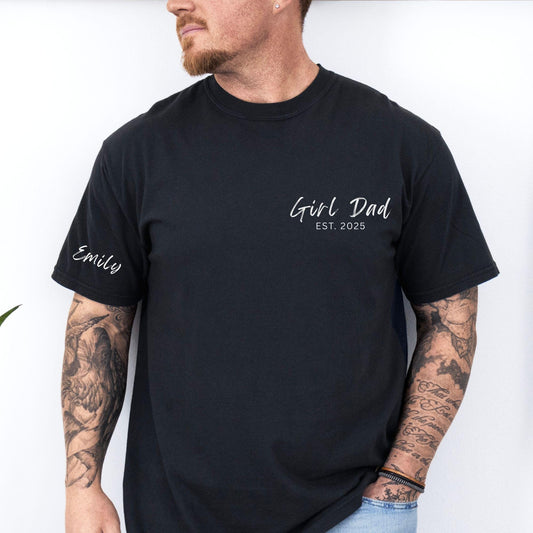 Custom Girl Dad Shirt, Dad Shirt with Kids Names on Sleeve, Custom Name Shirt, First Fathers Day Gift, Dad Announcement, Husband Gift