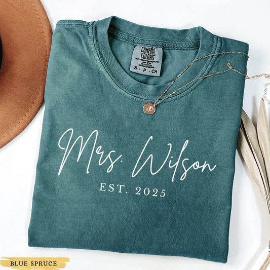 Comfort Colors® Personalized Mrs Shirt, Custom Mrs Shirt, Mrs Last Name Shirt, Bride Tee, Bachelorette Party Gift, Bridal Shower Crewneck