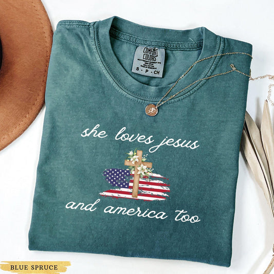 Comfort Colors® She Loves Jesus And America Too Shirt, Independence Day, Christian Shirt, 4th of July Shirt, America Retro Shirt, Usa Shirt